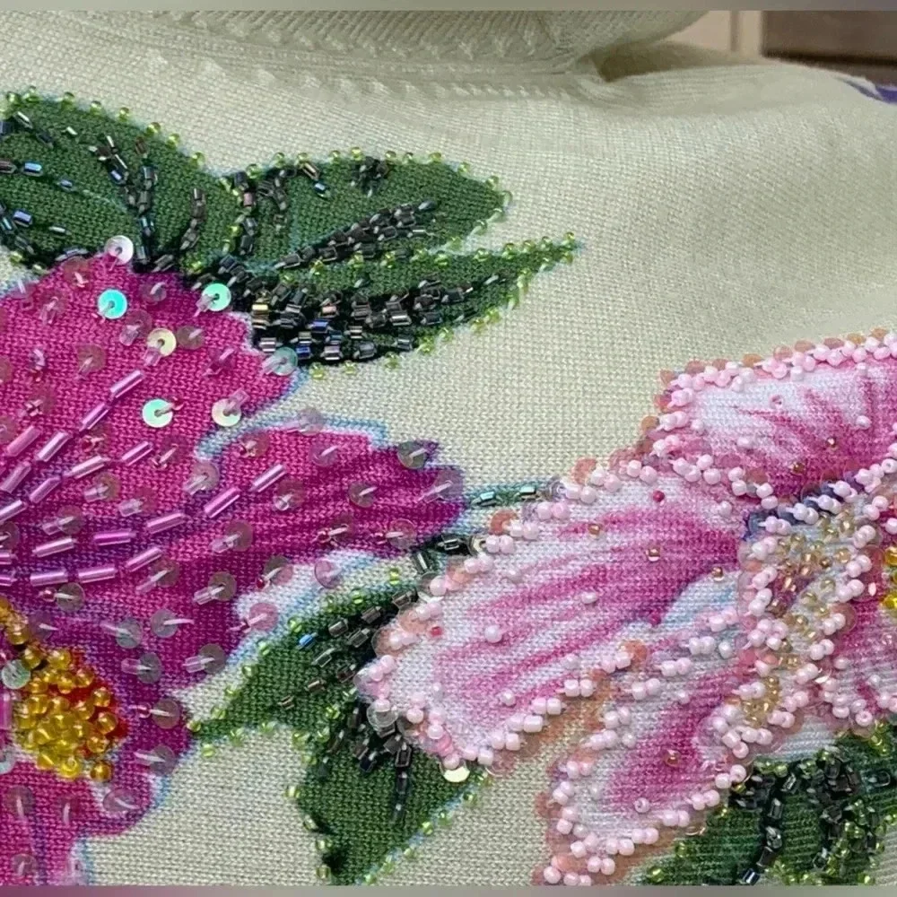 Michelle Nicole Beaded Floral Sweater L Sleeve Light Green Romantic Whimsical